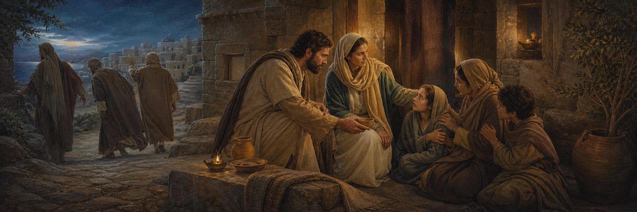 First-century households practicing mutual honor as a believer calmly aids an angry stranger